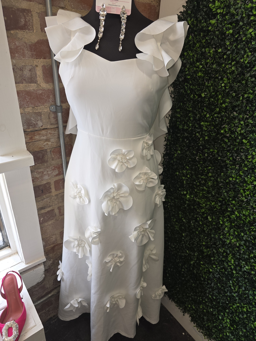 White Floral Appliqué Ruffle-Shoulder Maxi Dress